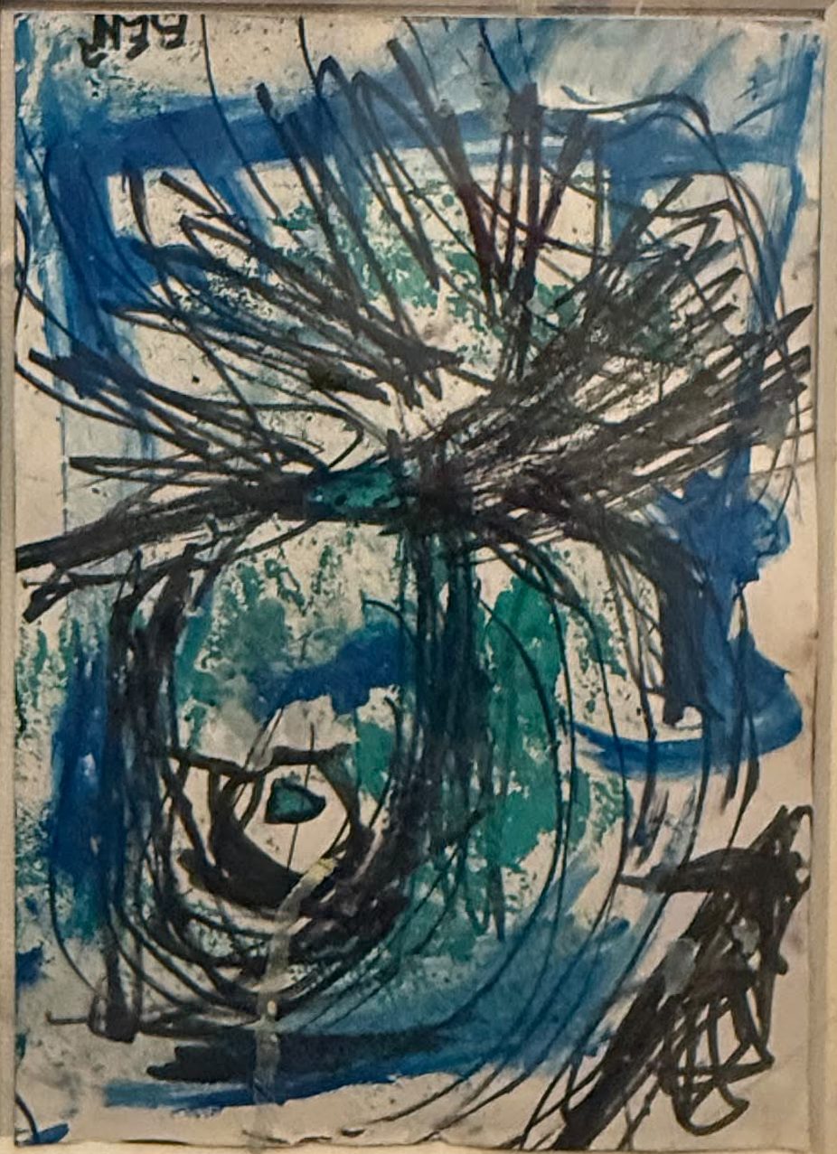 Petit dessin bleu et noir, tourbillon de traits