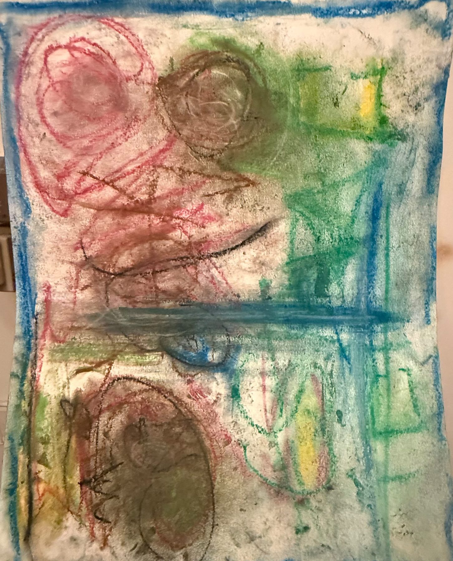 Dessin aux couleurs vives : cercles roses et bruns, verts et bleus, cadre bleu